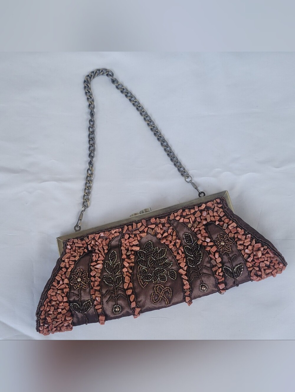 Embellished Brown Evening Clutch with Chain Strap